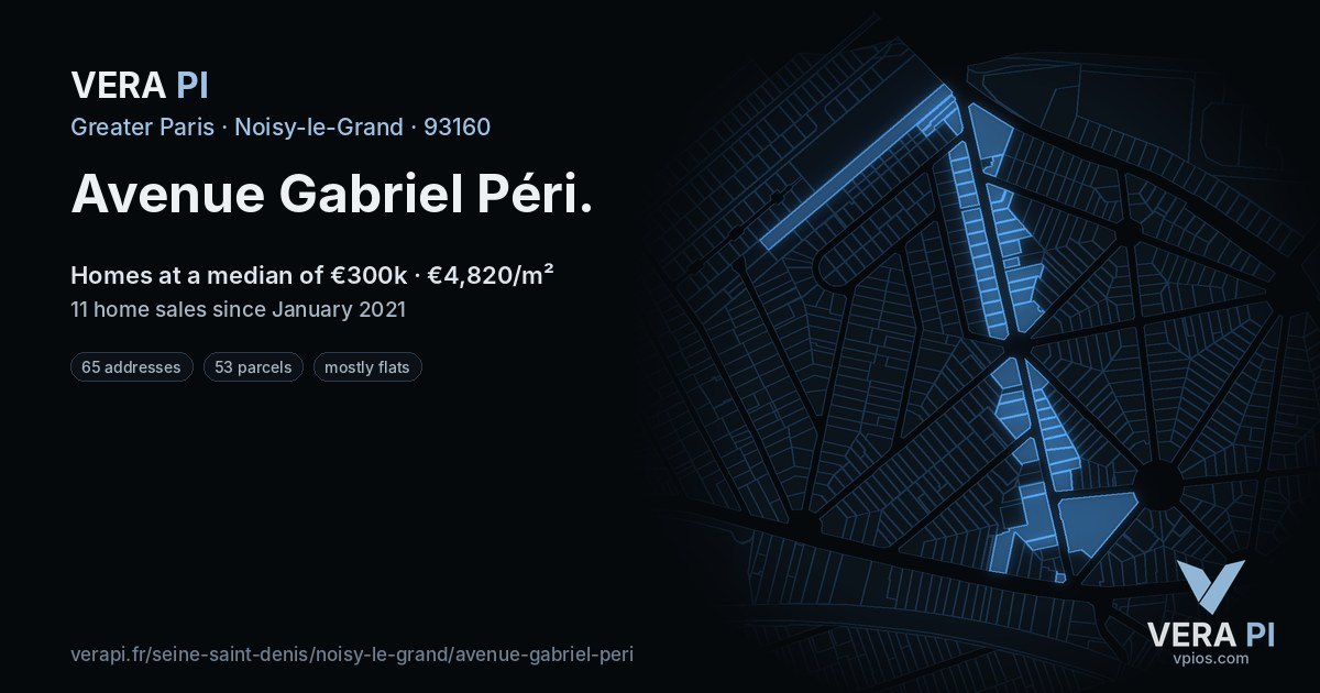 Avenue Gabriel Péri, Noisy-le-Grand at night – every parcel coloured by the prices around it, the street's own parcels lit
