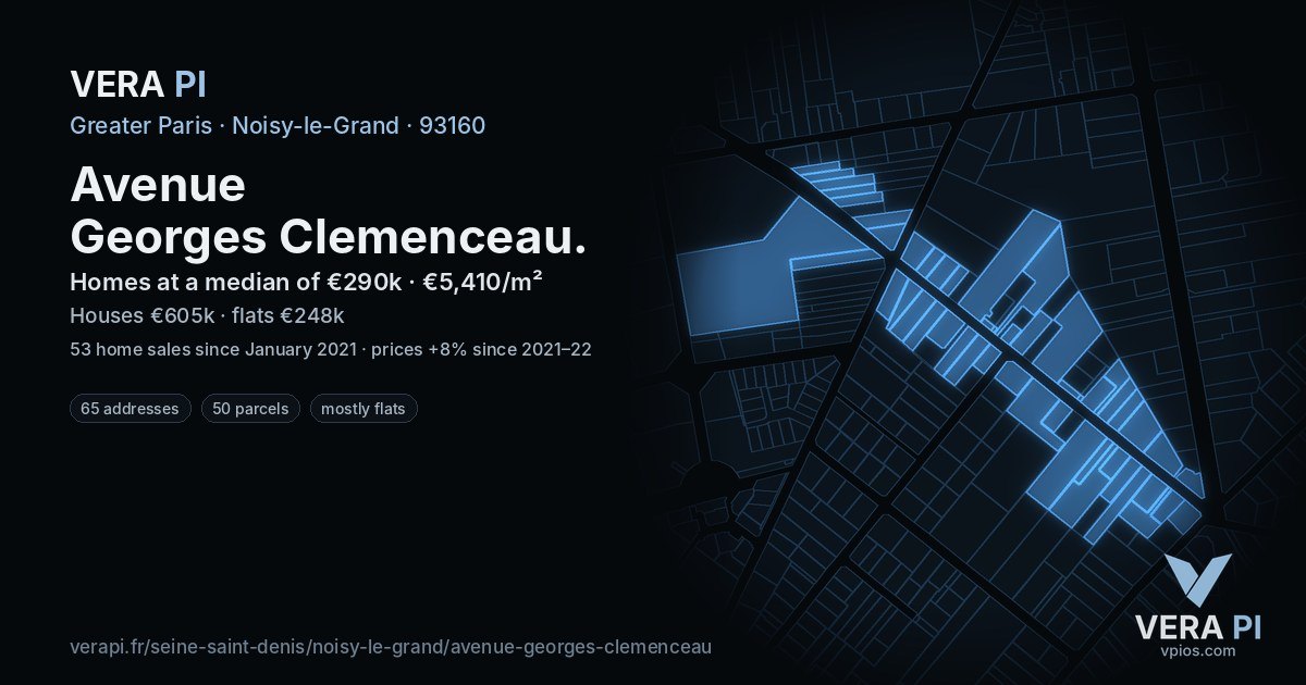 Avenue Georges Clemenceau, Noisy-le-Grand at night – every parcel coloured by the prices around it, the street's own parcels lit