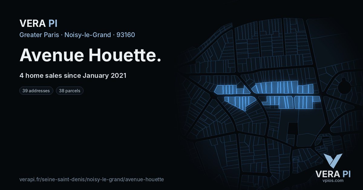 Avenue Houette, Noisy-le-Grand at night – every parcel coloured by the prices around it, the street's own parcels lit