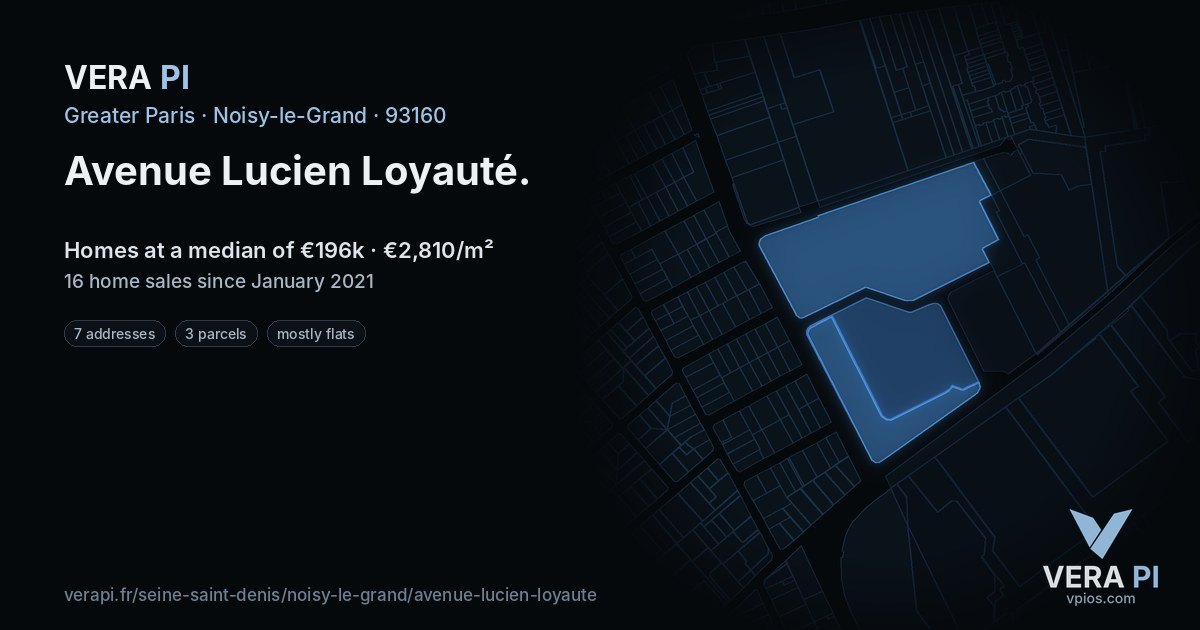 Avenue Lucien Loyauté, Noisy-le-Grand at night – every parcel coloured by the prices around it, the street's own parcels lit