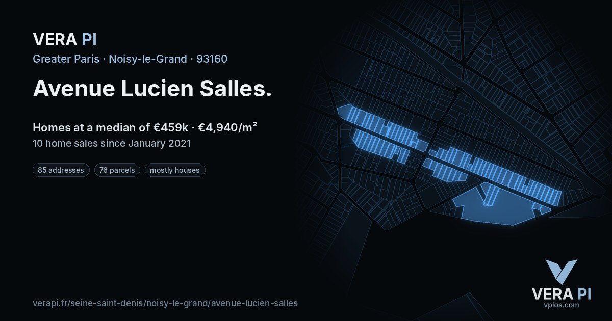 Avenue Lucien Salles, Noisy-le-Grand at night – every parcel coloured by the prices around it, the street's own parcels lit