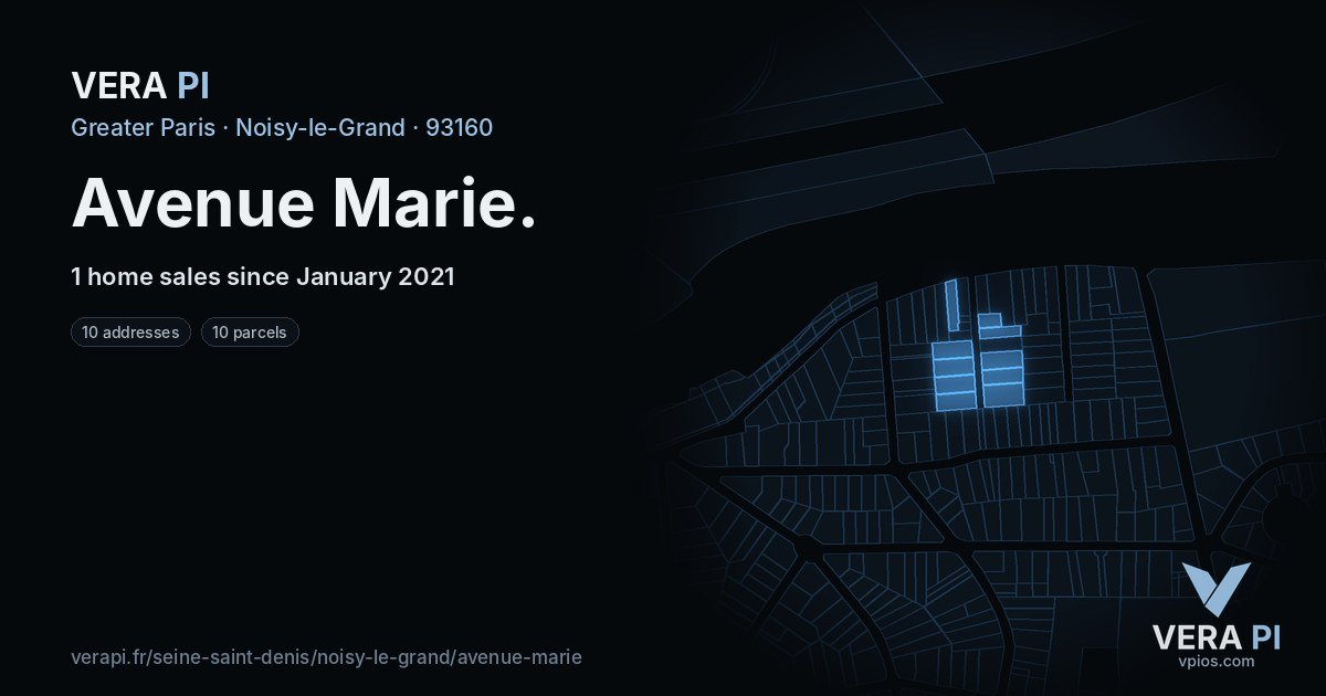 Avenue Marie, Noisy-le-Grand at night – every parcel coloured by the prices around it, the street's own parcels lit