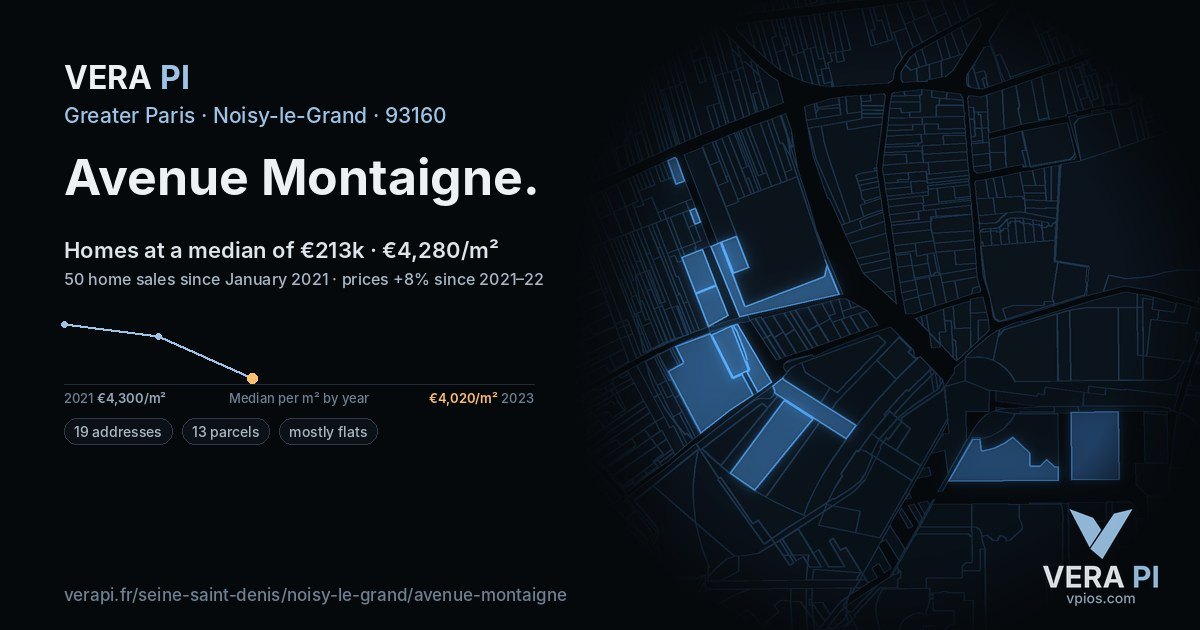 Avenue Montaigne, Noisy-le-Grand at night – every parcel coloured by the prices around it, the street's own parcels lit