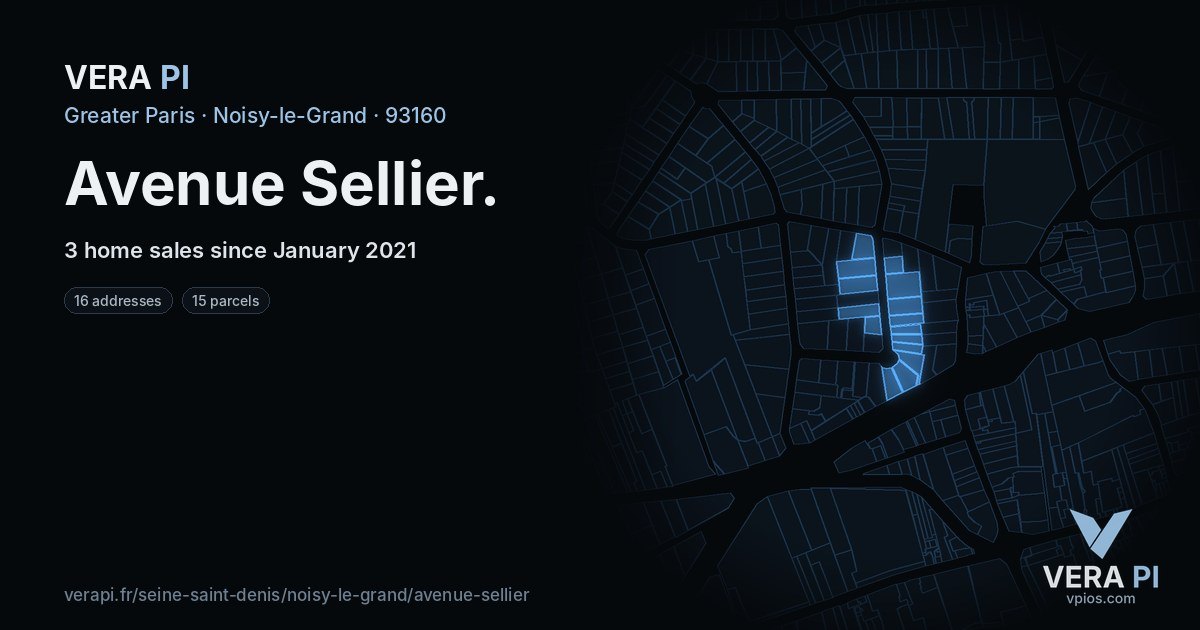 Avenue Sellier, Noisy-le-Grand at night – every parcel coloured by the prices around it, the street's own parcels lit