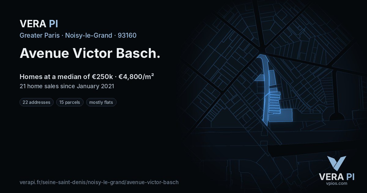 Avenue Victor Basch, Noisy-le-Grand at night – every parcel coloured by the prices around it, the street's own parcels lit