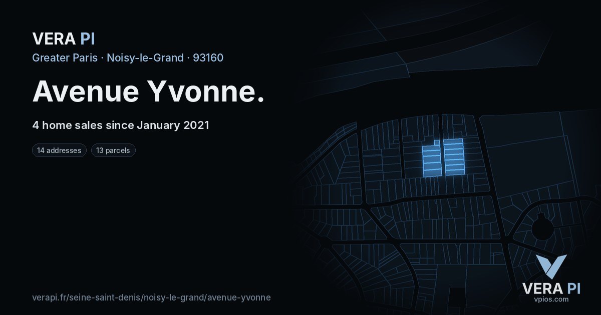 Avenue Yvonne, Noisy-le-Grand at night – every parcel coloured by the prices around it, the street's own parcels lit