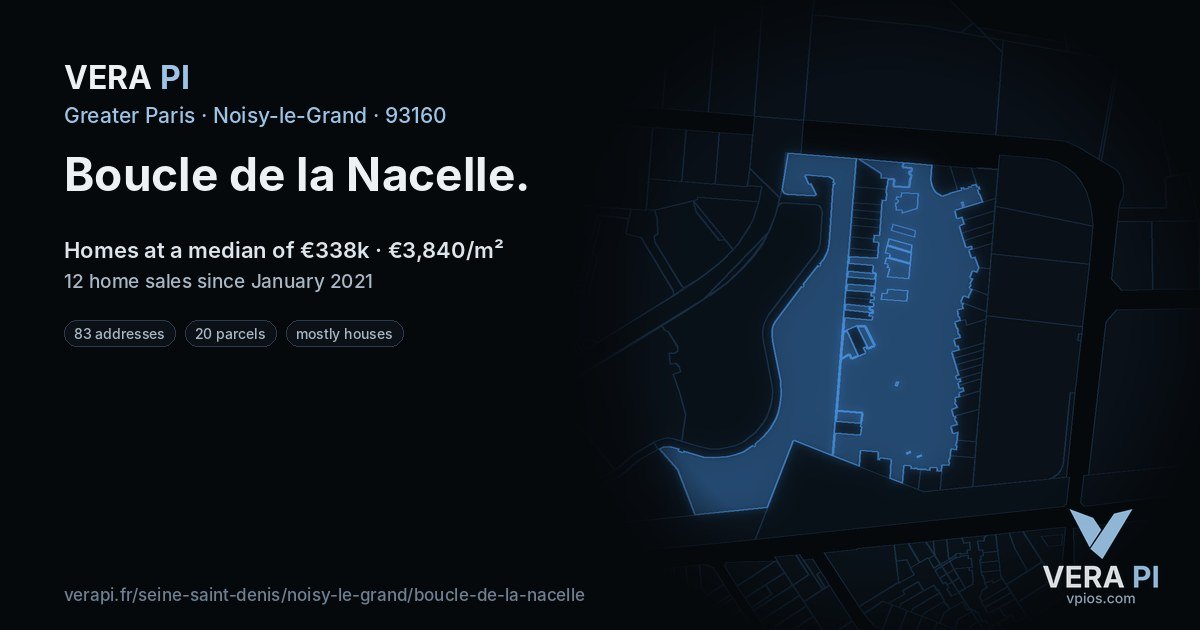 Boucle de la Nacelle, Noisy-le-Grand at night – every parcel coloured by the prices around it, the street's own parcels lit