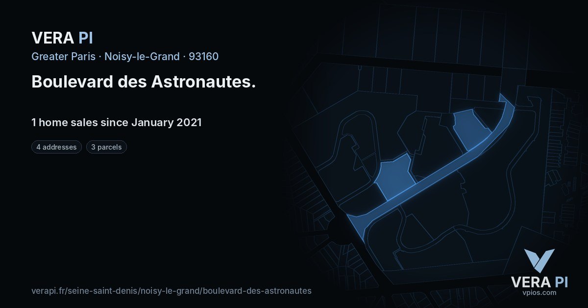 Boulevard des Astronautes, Noisy-le-Grand at night – every parcel coloured by the prices around it, the street's own parcels lit