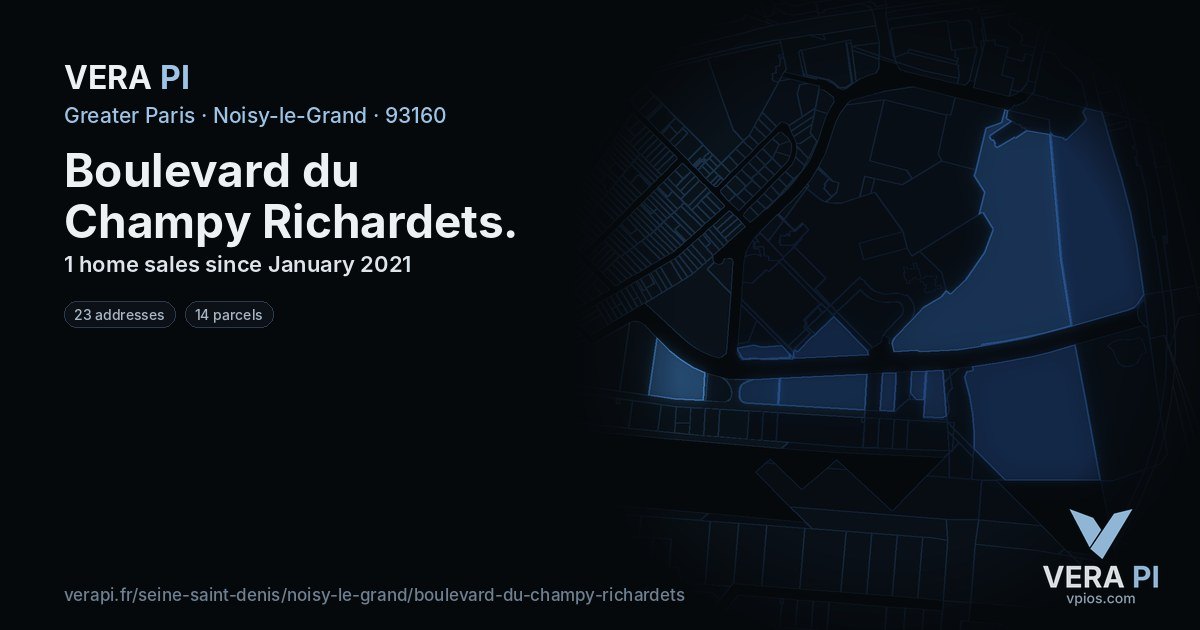 Boulevard du Champy Richardets, Noisy-le-Grand at night – every parcel coloured by the prices around it, the street's own parcels lit