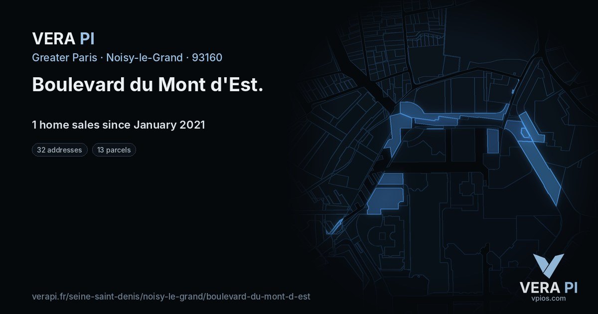 Boulevard du Mont d'Est, Noisy-le-Grand at night – every parcel coloured by the prices around it, the street's own parcels lit