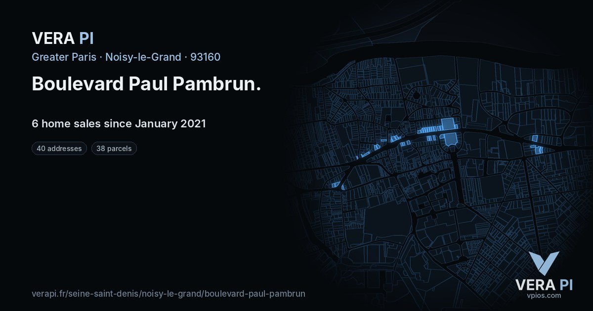 Boulevard Paul Pambrun, Noisy-le-Grand at night – every parcel coloured by the prices around it, the street's own parcels lit