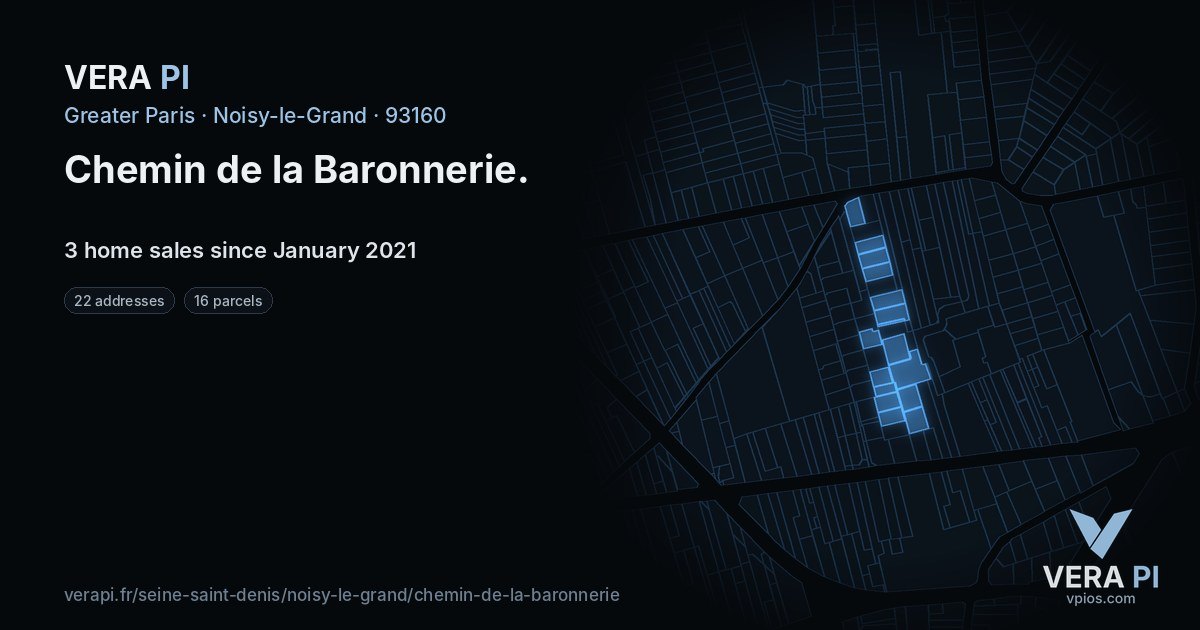 Chemin de la Baronnerie, Noisy-le-Grand at night – every parcel coloured by the prices around it, the street's own parcels lit
