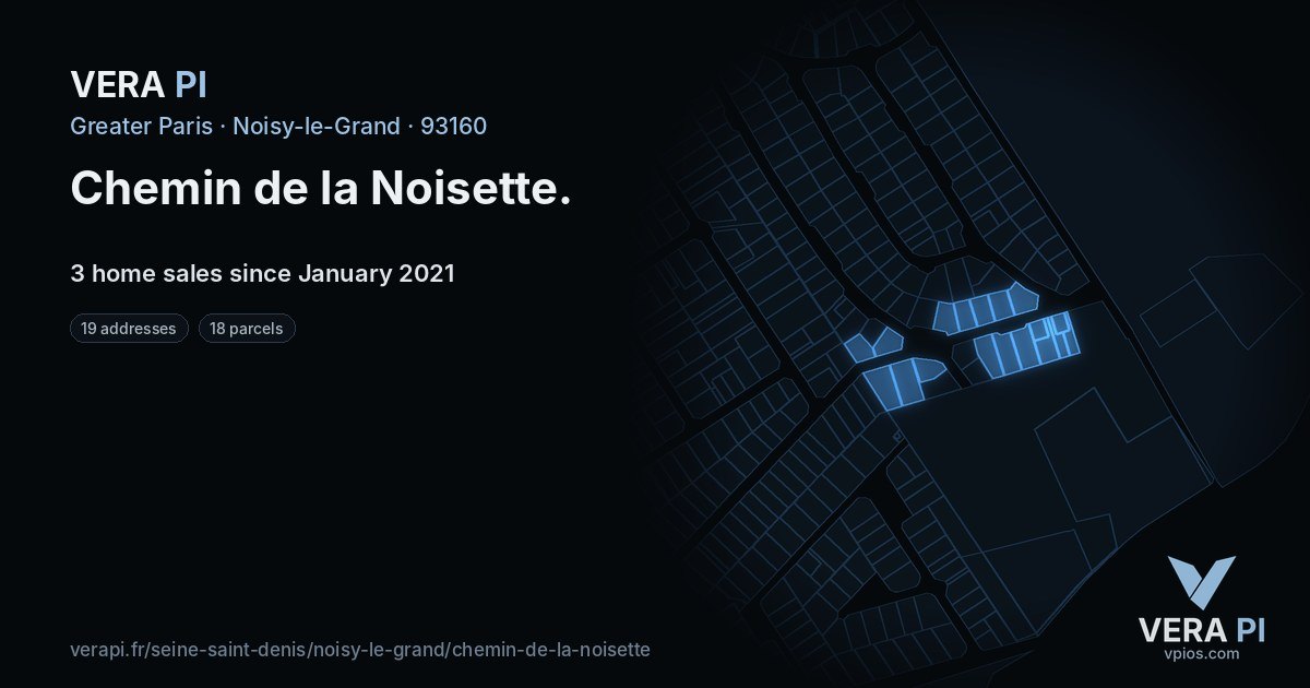 Chemin de la Noisette, Noisy-le-Grand at night – every parcel coloured by the prices around it, the street's own parcels lit