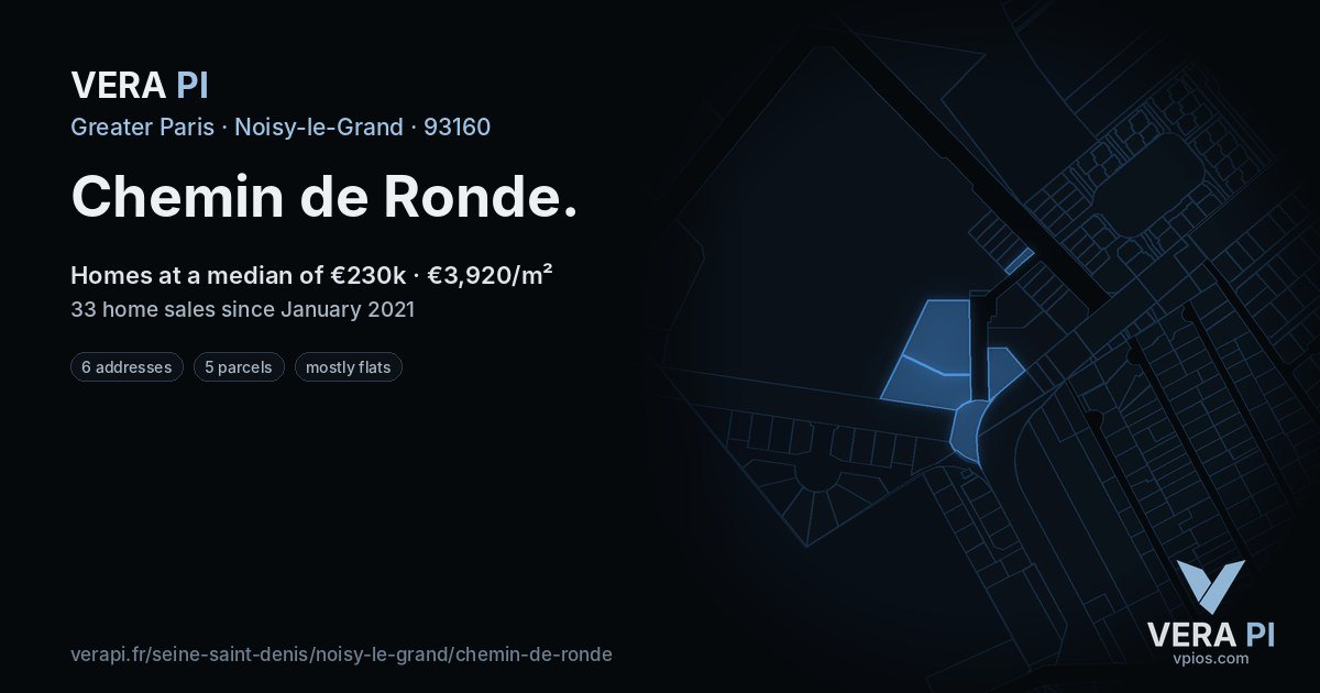 Chemin de Ronde, Noisy-le-Grand at night – every parcel coloured by the prices around it, the street's own parcels lit