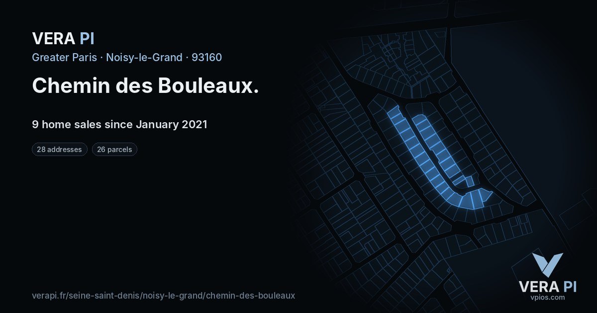 Chemin des Bouleaux, Noisy-le-Grand at night – every parcel coloured by the prices around it, the street's own parcels lit