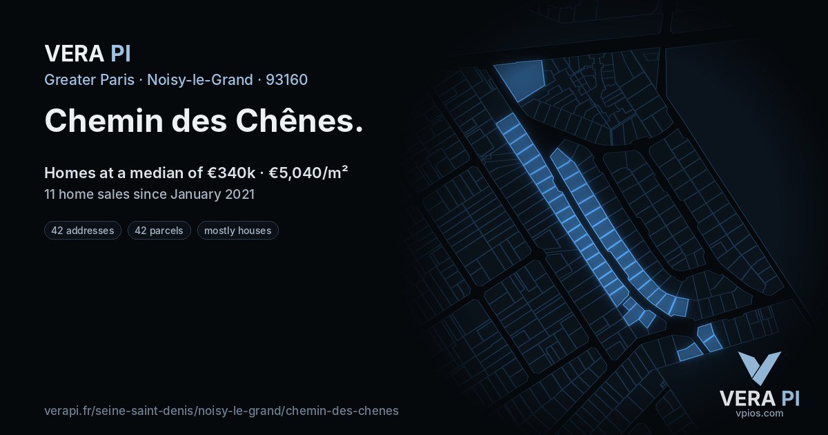 Chemin des Chênes, Noisy-le-Grand at night – every parcel coloured by the prices around it, the street's own parcels lit