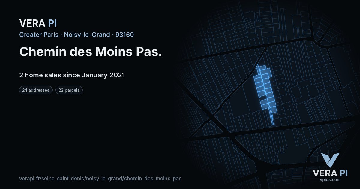 Chemin des Moins Pas, Noisy-le-Grand at night – every parcel coloured by the prices around it, the street's own parcels lit