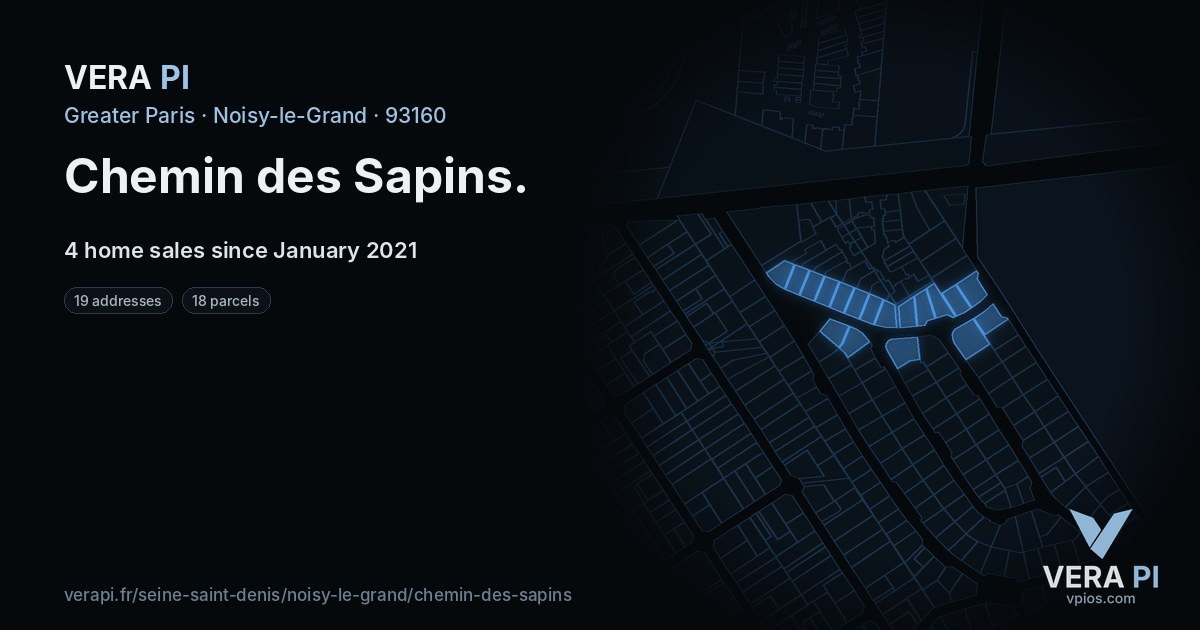 Chemin des Sapins, Noisy-le-Grand at night – every parcel coloured by the prices around it, the street's own parcels lit