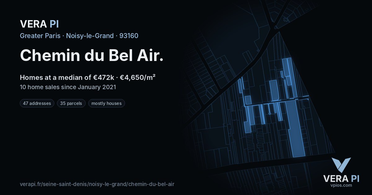 Chemin du Bel Air, Noisy-le-Grand at night – every parcel coloured by the prices around it, the street's own parcels lit