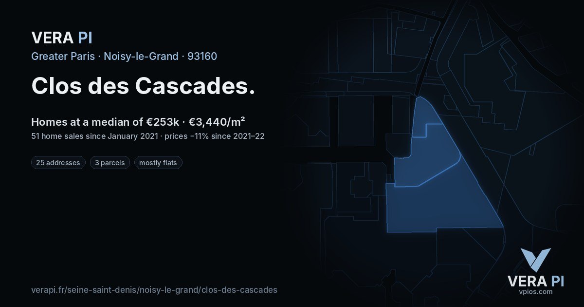 Clos des Cascades, Noisy-le-Grand at night – every parcel coloured by the prices around it, the street's own parcels lit