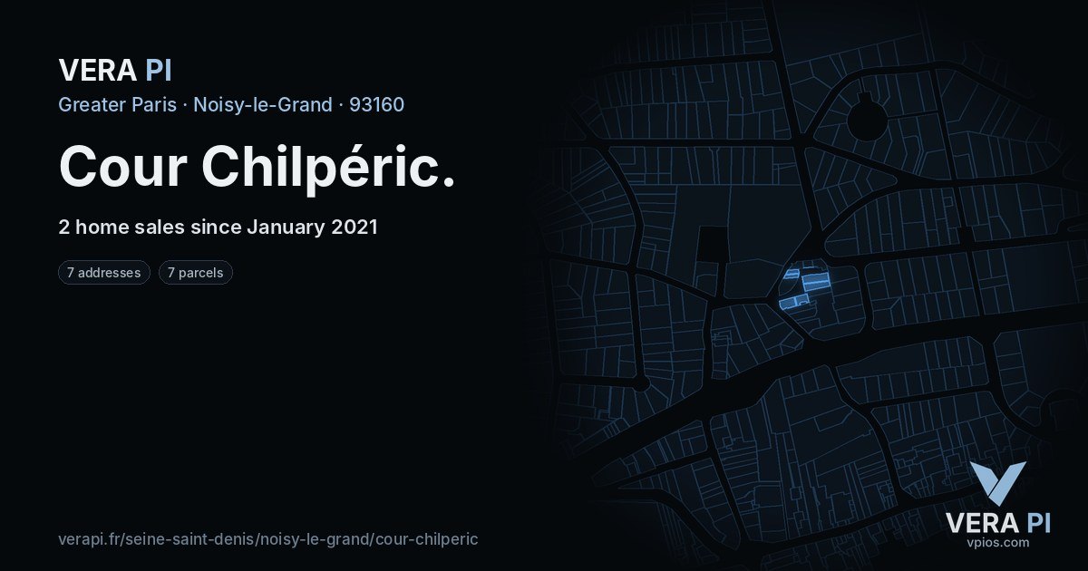 Cour Chilpéric, Noisy-le-Grand at night – every parcel coloured by the prices around it, the street's own parcels lit