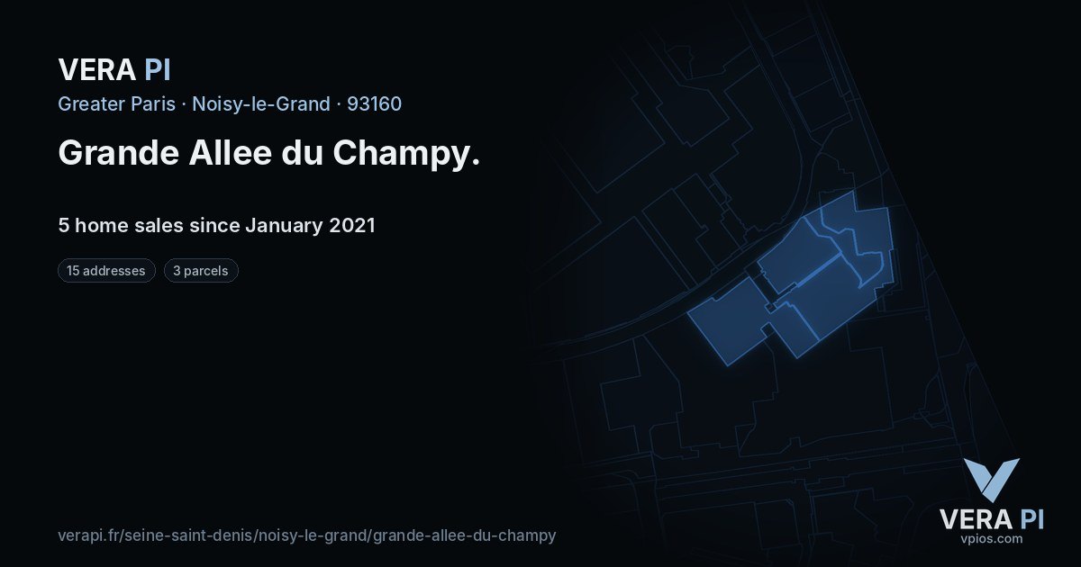 Grande Allee du Champy, Noisy-le-Grand at night – every parcel coloured by the prices around it, the street's own parcels lit