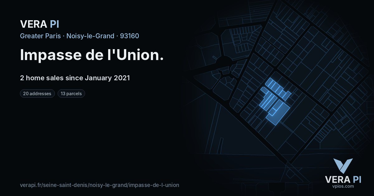 Impasse de l'Union, Noisy-le-Grand at night – every parcel coloured by the prices around it, the street's own parcels lit