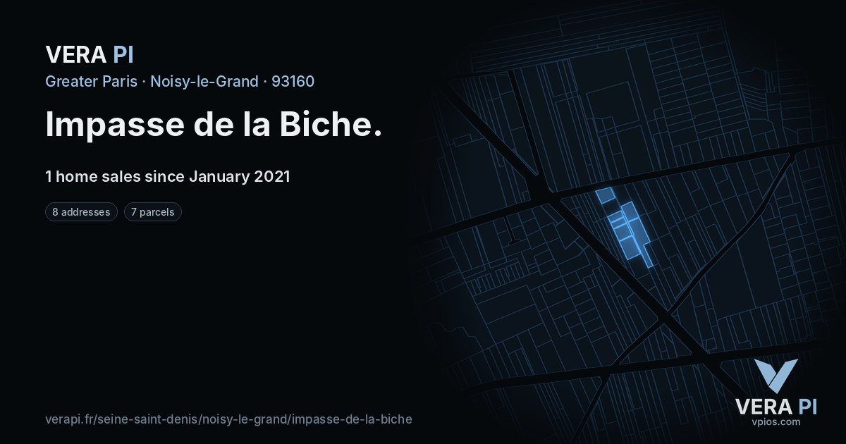 Impasse de la Biche, Noisy-le-Grand at night – every parcel coloured by the prices around it, the street's own parcels lit