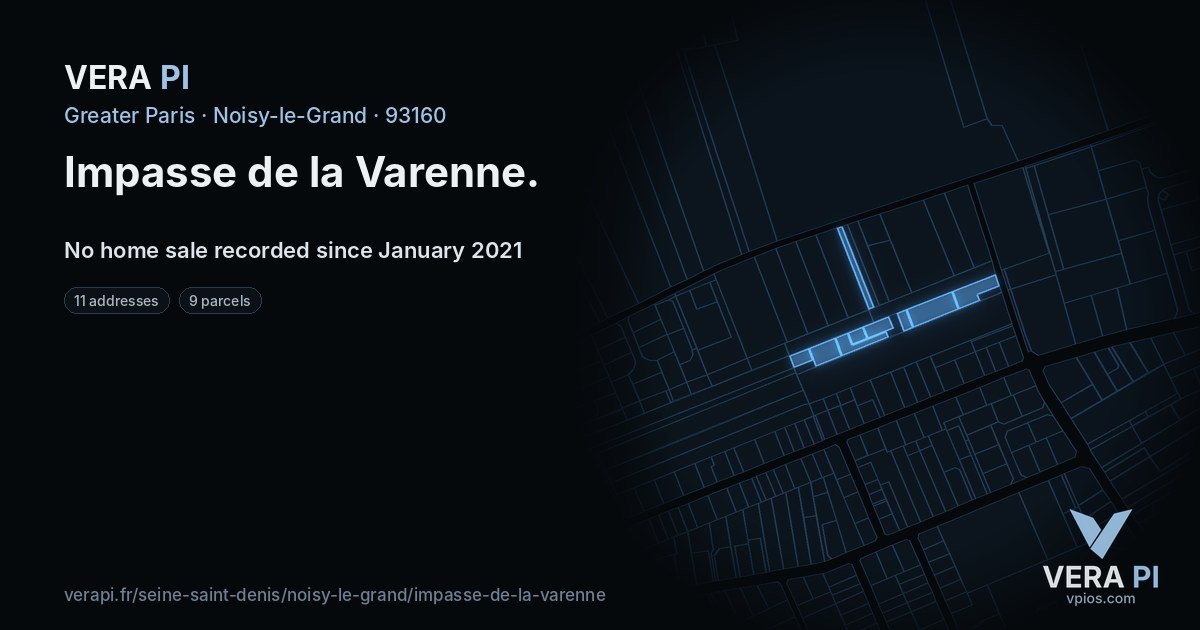 Impasse de la Varenne, Noisy-le-Grand at night – every parcel coloured by the prices around it, the street's own parcels lit