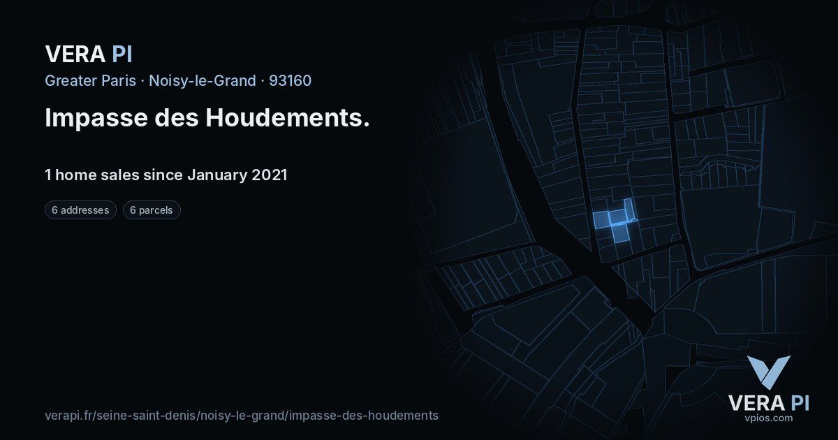 Impasse des Houdements, Noisy-le-Grand at night – every parcel coloured by the prices around it, the street's own parcels lit