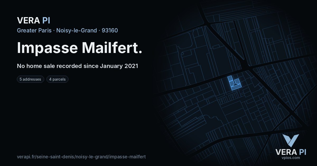 Impasse Mailfert, Noisy-le-Grand at night – every parcel coloured by the prices around it, the street's own parcels lit
