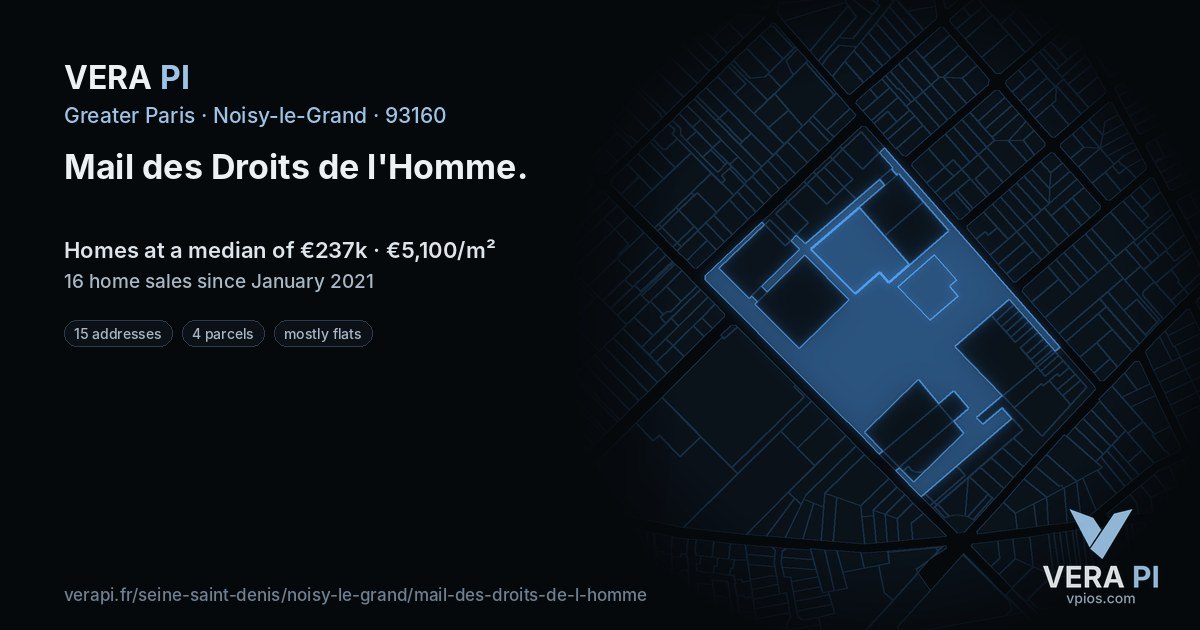 Mail des Droits de l'Homme, Noisy-le-Grand at night – every parcel coloured by the prices around it, the street's own parcels lit