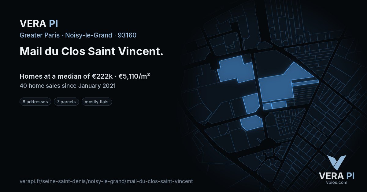 Mail du Clos Saint Vincent, Noisy-le-Grand at night – every parcel coloured by the prices around it, the street's own parcels lit
