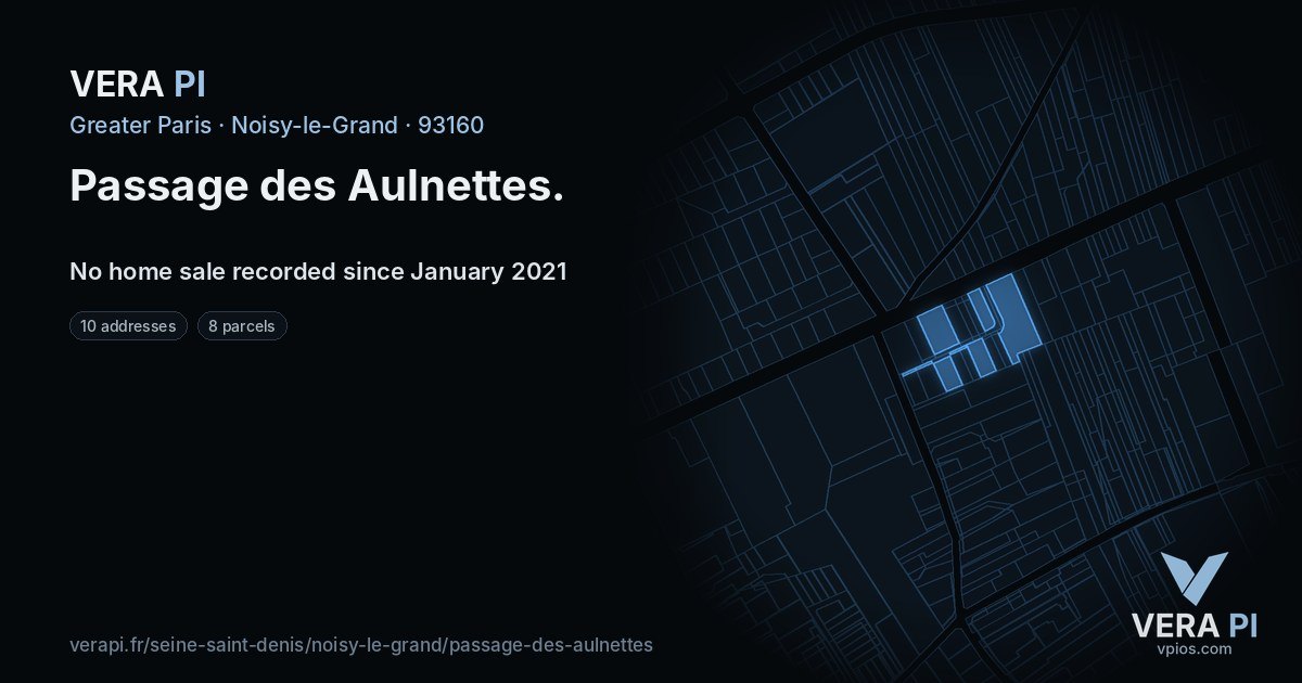 Passage des Aulnettes, Noisy-le-Grand at night – every parcel coloured by the prices around it, the street's own parcels lit
