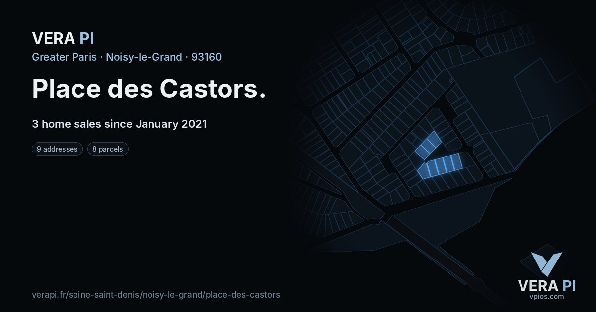 Place des Castors, Noisy-le-Grand at night – every parcel coloured by the prices around it, the street's own parcels lit