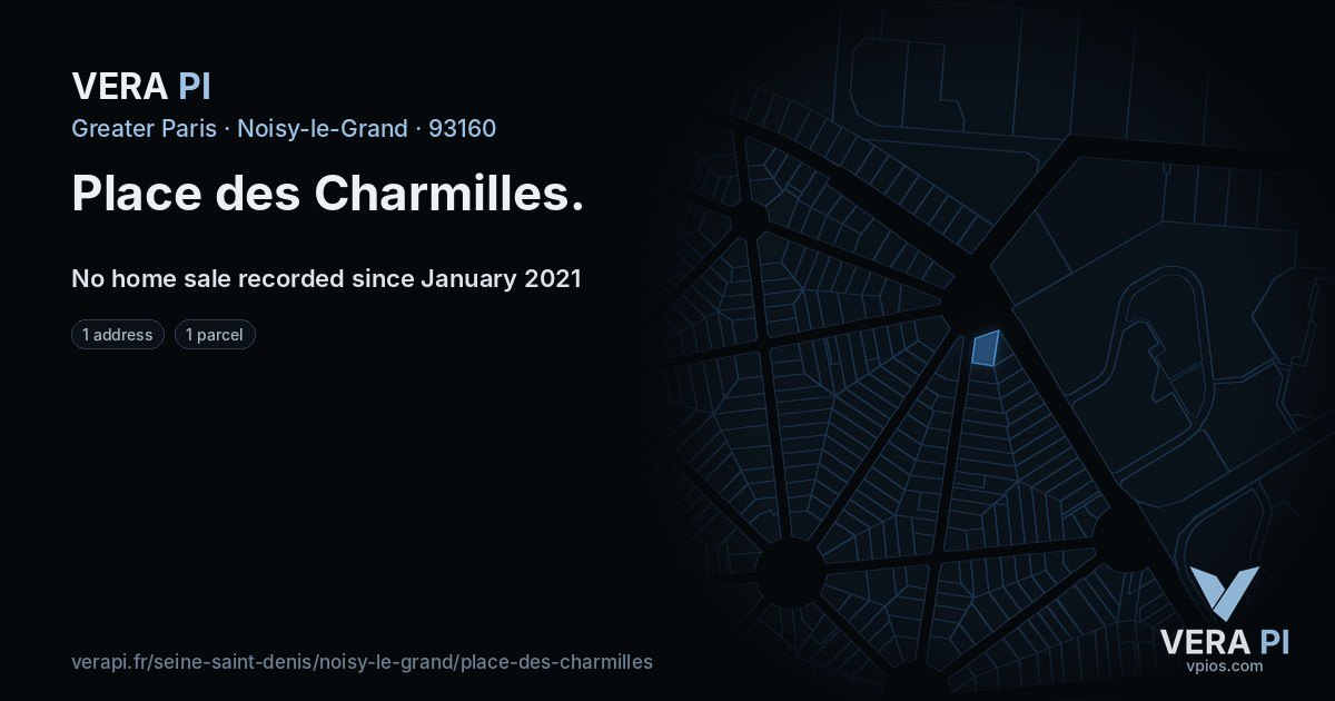 Place des Charmilles, Noisy-le-Grand at night – every parcel coloured by the prices around it, the street's own parcels lit
