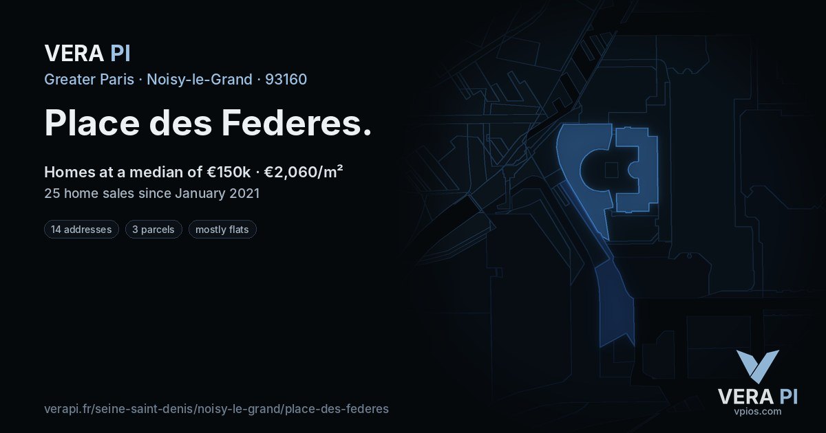 Place des Federes, Noisy-le-Grand at night – every parcel coloured by the prices around it, the street's own parcels lit