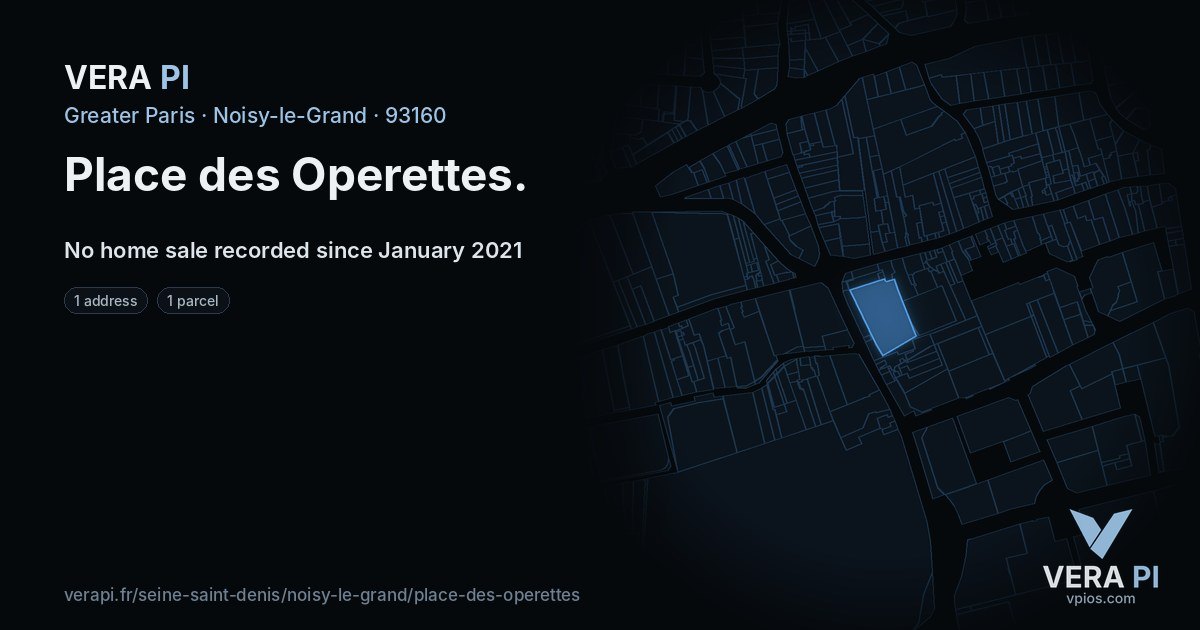 Place des Operettes, Noisy-le-Grand at night – every parcel coloured by the prices around it, the street's own parcels lit