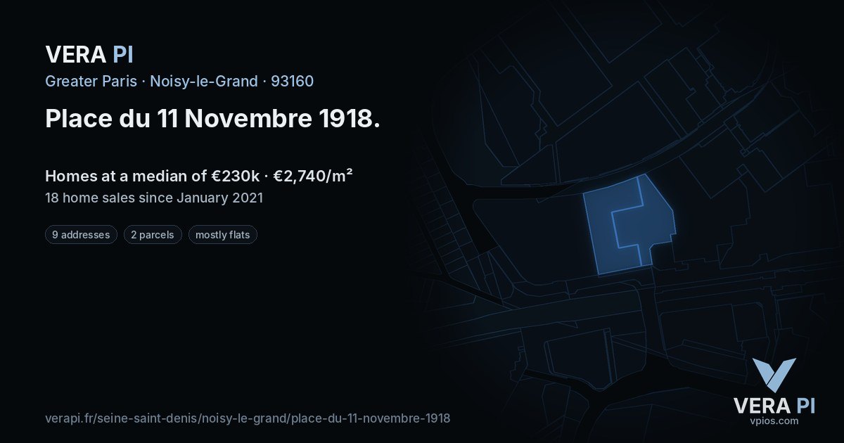 Place du 11 Novembre 1918, Noisy-le-Grand at night – every parcel coloured by the prices around it, the street's own parcels lit