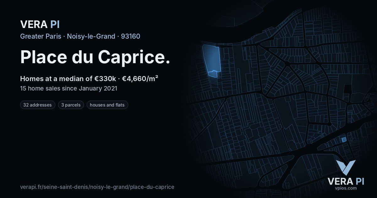 Place du Caprice, Noisy-le-Grand at night – every parcel coloured by the prices around it, the street's own parcels lit