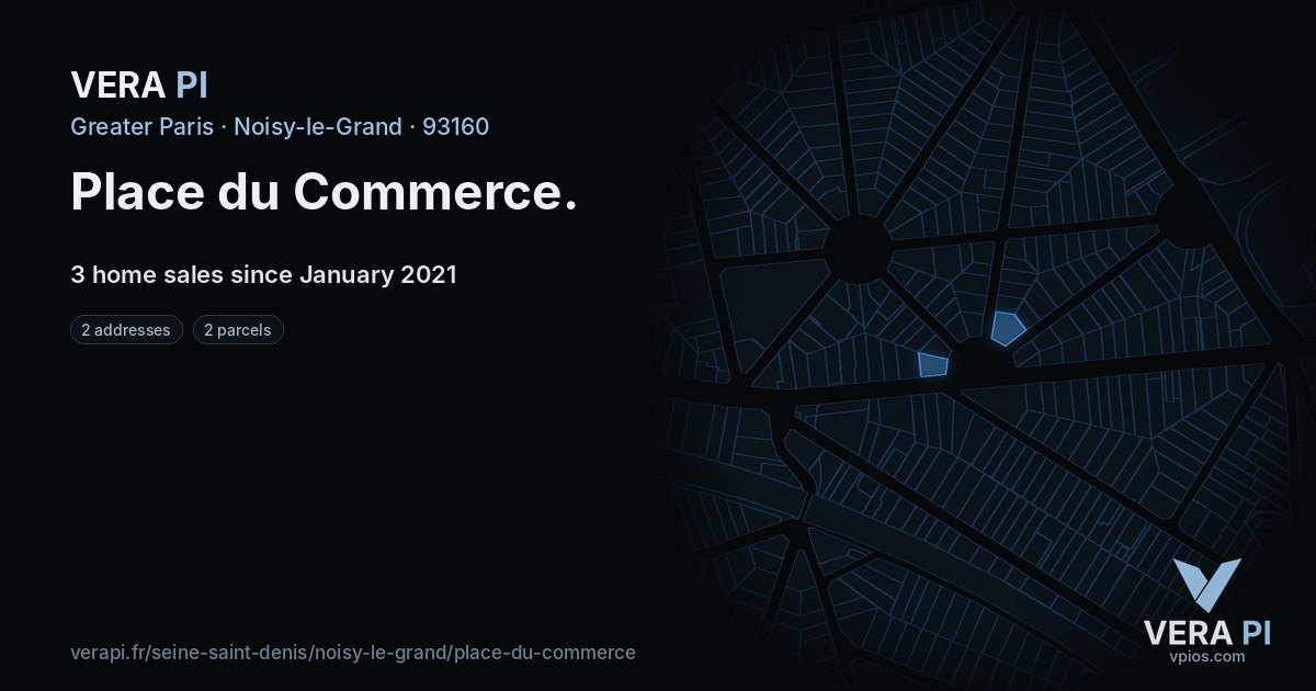 Place du Commerce, Noisy-le-Grand at night – every parcel coloured by the prices around it, the street's own parcels lit