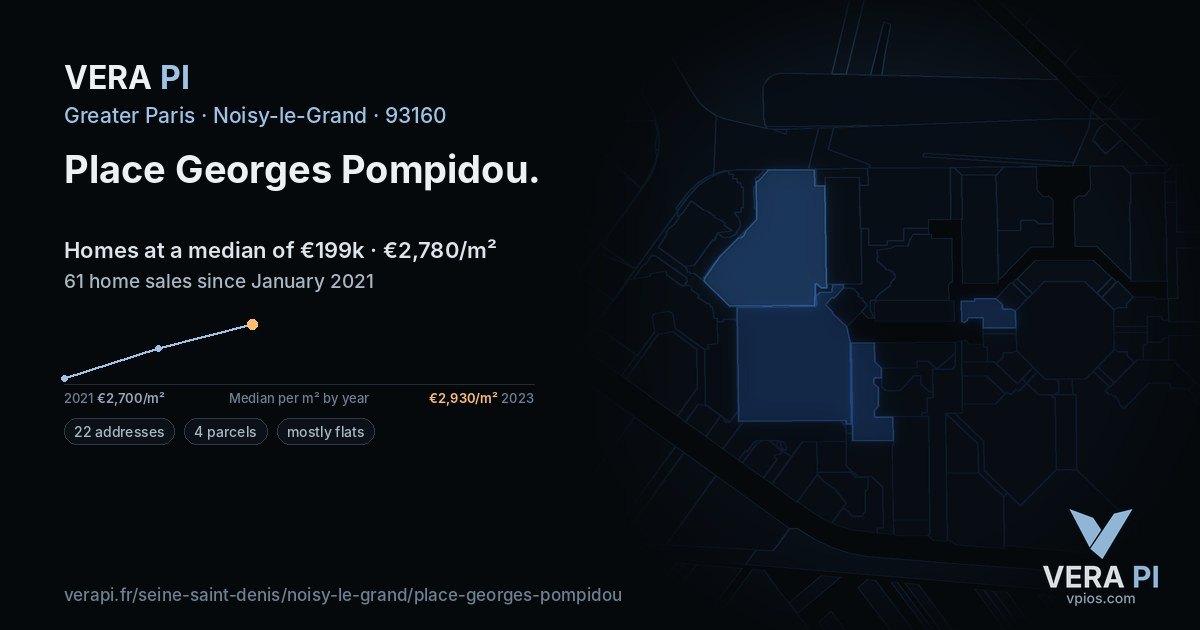 Place Georges Pompidou, Noisy-le-Grand at night – every parcel coloured by the prices around it, the street's own parcels lit