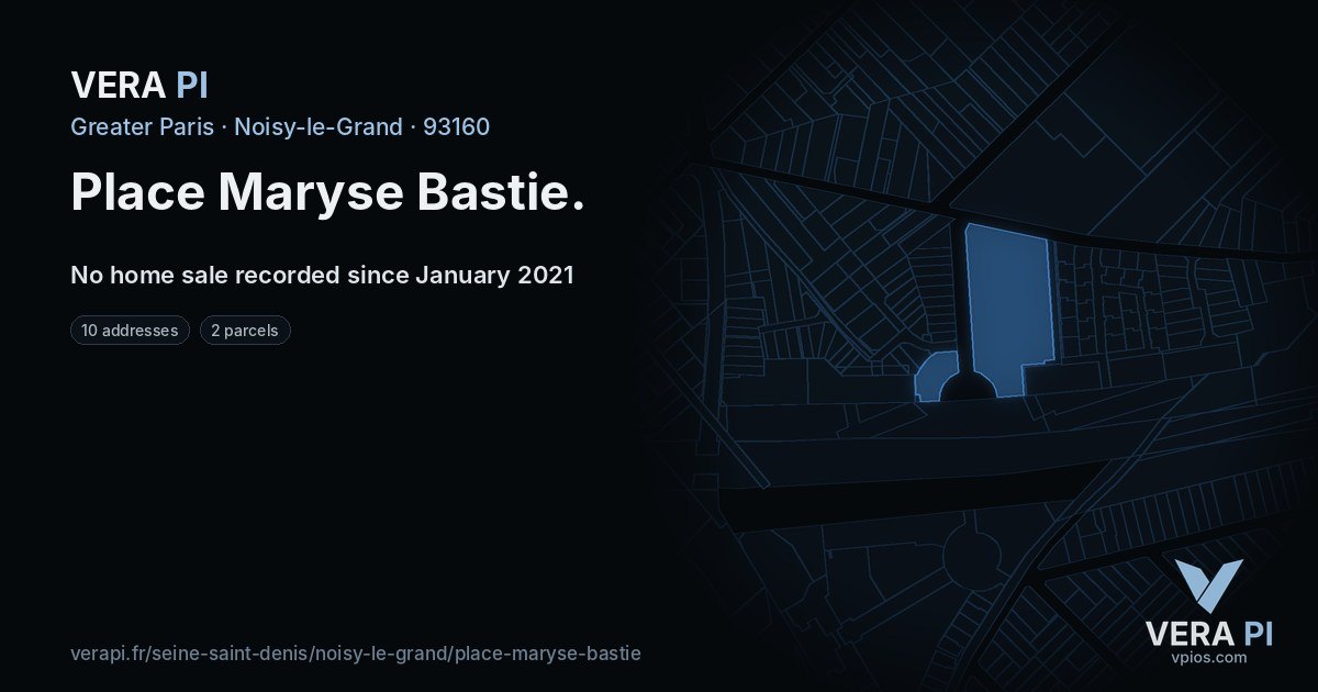 Place Maryse Bastie, Noisy-le-Grand at night – every parcel coloured by the prices around it, the street's own parcels lit