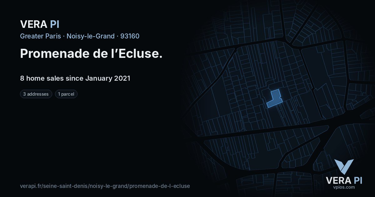 Promenade de l’Ecluse, Noisy-le-Grand at night – every parcel coloured by the prices around it, the street's own parcels lit