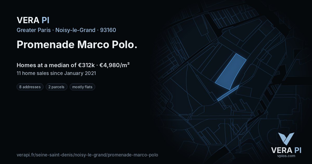 Promenade Marco Polo, Noisy-le-Grand at night – every parcel coloured by the prices around it, the street's own parcels lit