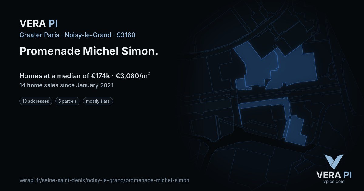 Promenade Michel Simon, Noisy-le-Grand at night – every parcel coloured by the prices around it, the street's own parcels lit