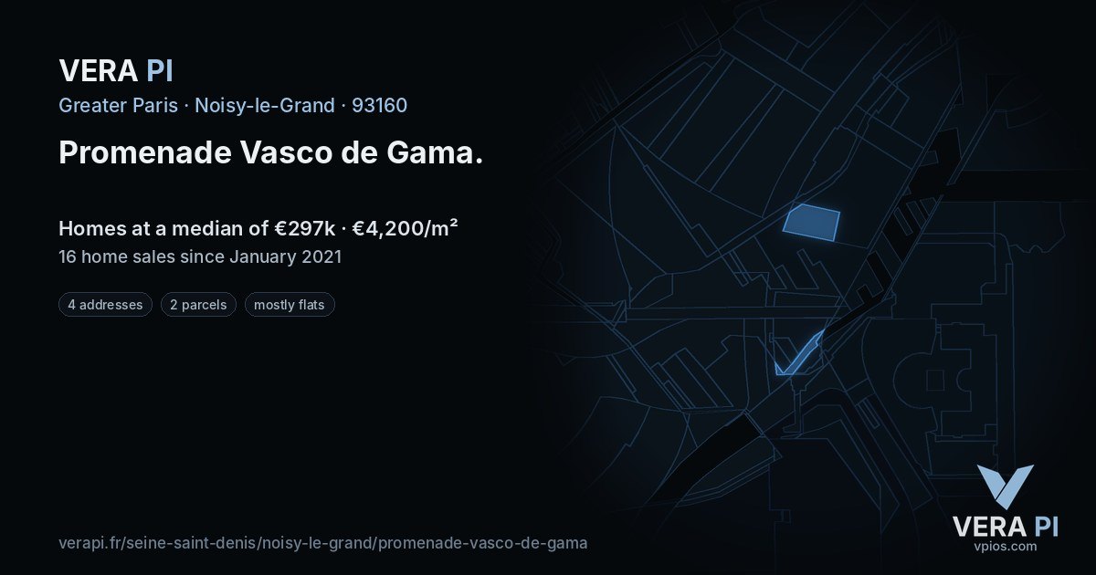 Promenade Vasco de Gama, Noisy-le-Grand at night – every parcel coloured by the prices around it, the street's own parcels lit