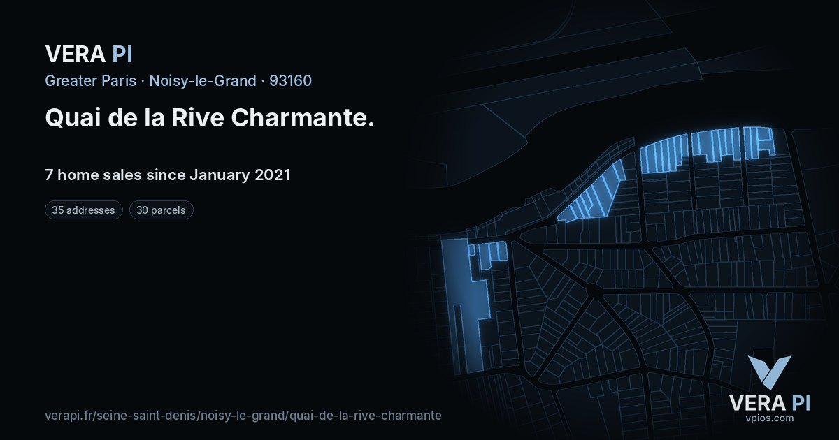 Quai de la Rive Charmante, Noisy-le-Grand at night – every parcel coloured by the prices around it, the street's own parcels lit