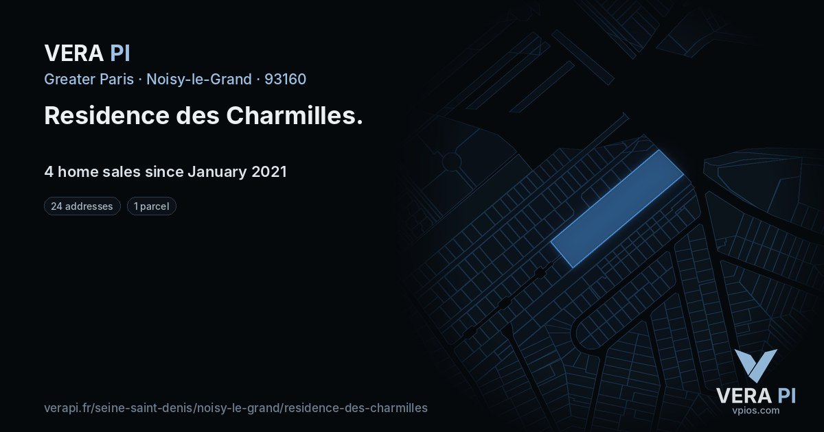 Residence des Charmilles, Noisy-le-Grand at night – every parcel coloured by the prices around it, the street's own parcels lit