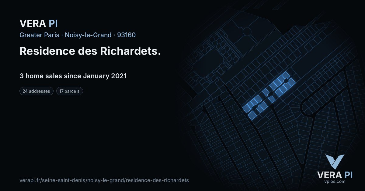 Residence des Richardets, Noisy-le-Grand at night – every parcel coloured by the prices around it, the street's own parcels lit